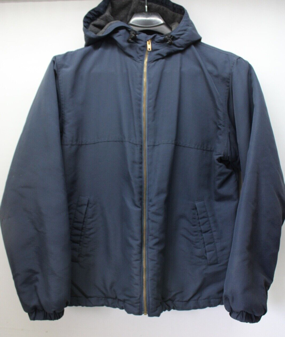 VTG DULUTH TRADING CO MEN'S MEDIUM NAVY NYLON FLEECE LINED HOODED BOMBER JACKET